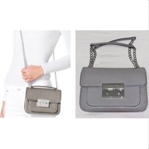 Michael Kors Pearl Grey Sloan Specchio Leather Shoulder Crossbody Flap Bag Purse